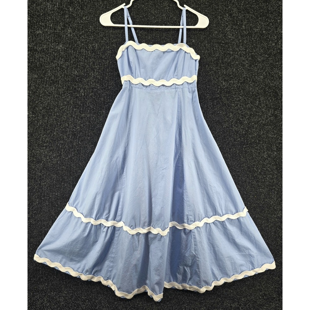 Sim & Sam Women's S Ric Rac Midi Dress Lt. Blue Pockets Smocked Back Cottagecore - Picture 2 of 8